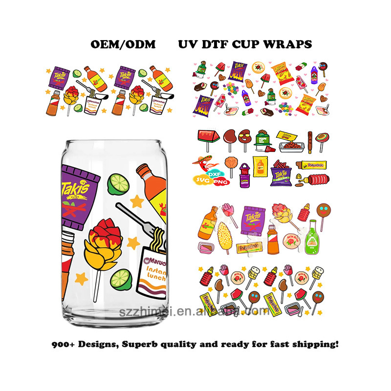 Custom Tumbler Transfer mexican candy snacks patten No Heat Needed Waterproof uv dtf 16oz Glass Beer Can Cup wraps Transfers