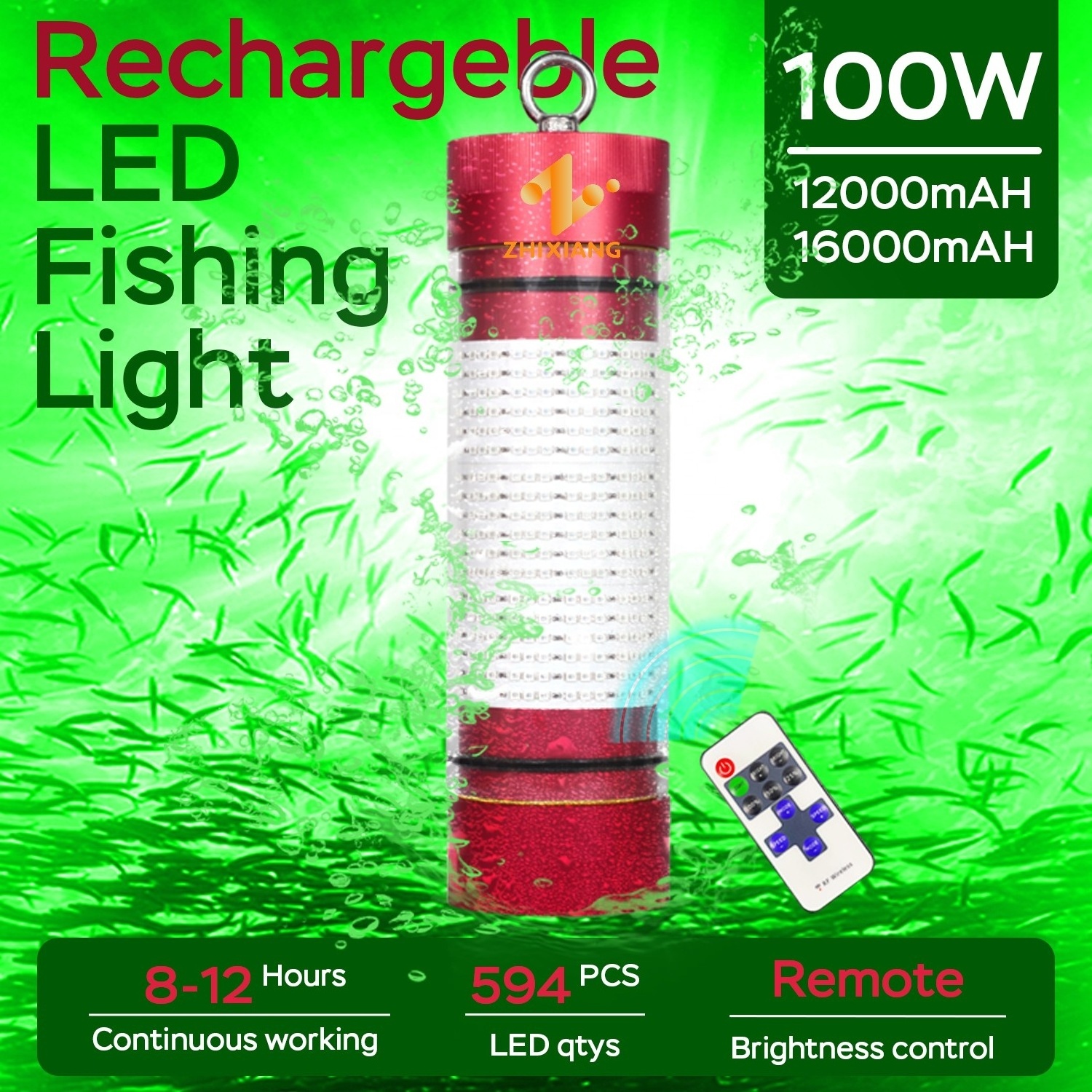 Auti-Collision IP68 100W 200W Rechargeable Fishing Light Underwater Fish Attractor led Lure Light with battery