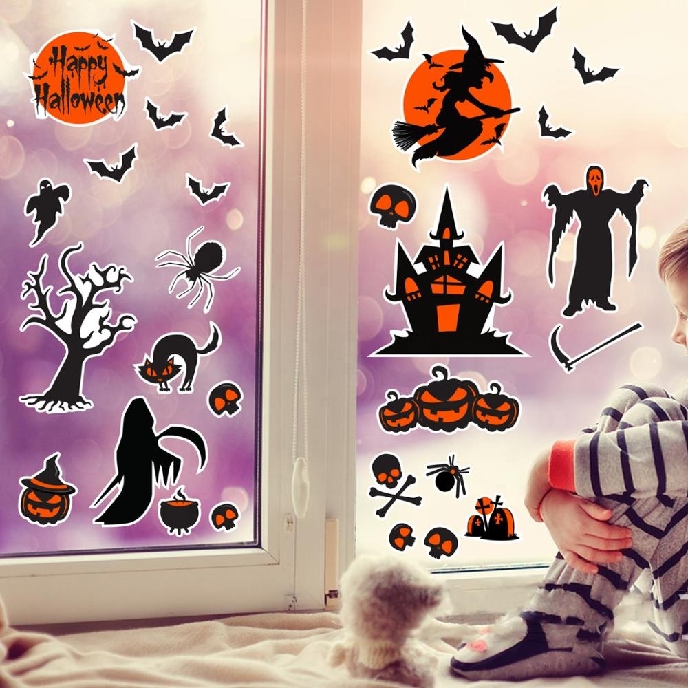 Halloween Party Removable Static Window Clings Cartoon Pumpkin Lantern Witch Ghost Bat Stickers for Window Wall Decorations