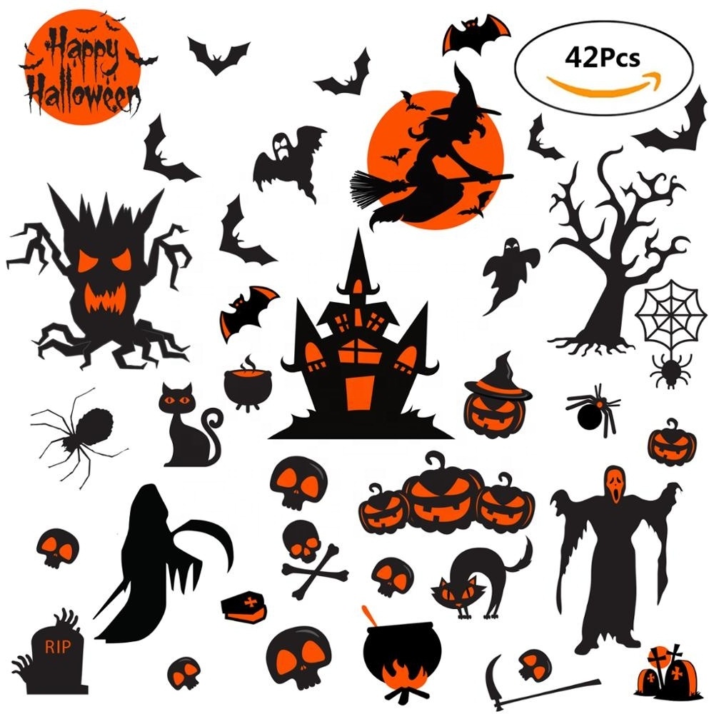 Halloween Party Removable Static Window Clings Cartoon Pumpkin Lantern Witch Ghost Bat Stickers for Window Wall Decorations