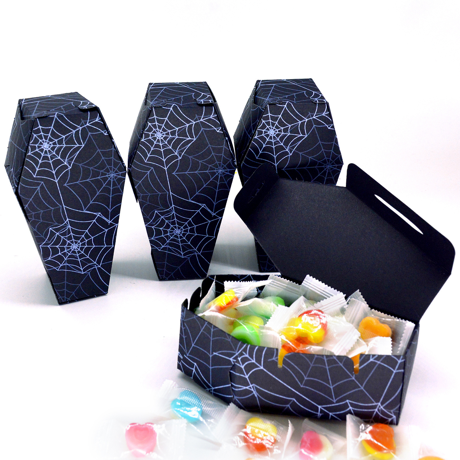 High Quality Customized Cardboard Halloween Parties Decoration Coffin Shaped Packaging Box Black Paper Coffin Funeral Candy Box