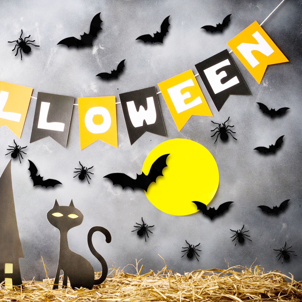 Halloween Bats Wall Decoration Stickers 3D Paper Stickers Different Size Of Black Bats