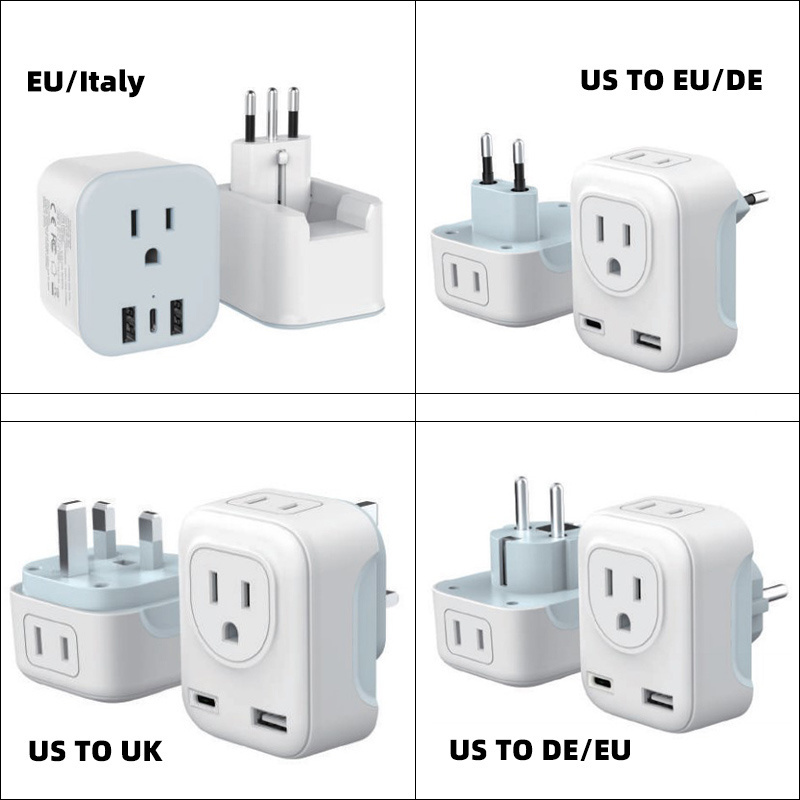 International Power Adaptor with 2 Outlets USB A+USBC 5 in 1 Travel Essentials for US to Most of Europe EU UK  type c