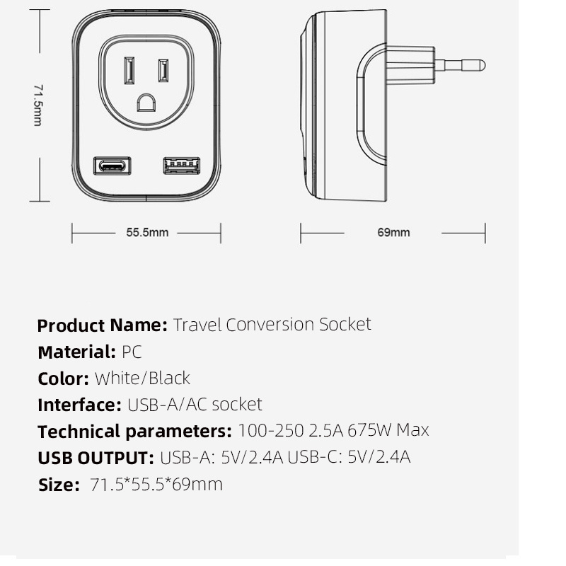 International Power Adaptor with 2 Outlets USB A+USBC 5 in 1 Travel Essentials for US to Most of Europe EU UK  type c