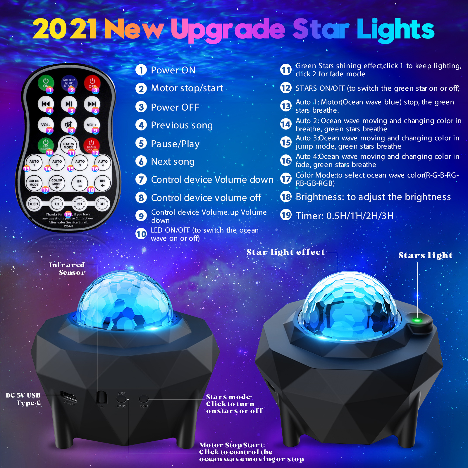 USB Star Night Light Bedroom Ceilling Light 3 IN 1 RGB LED Music Starry Sky sterren Projector Light with Ocean Wave