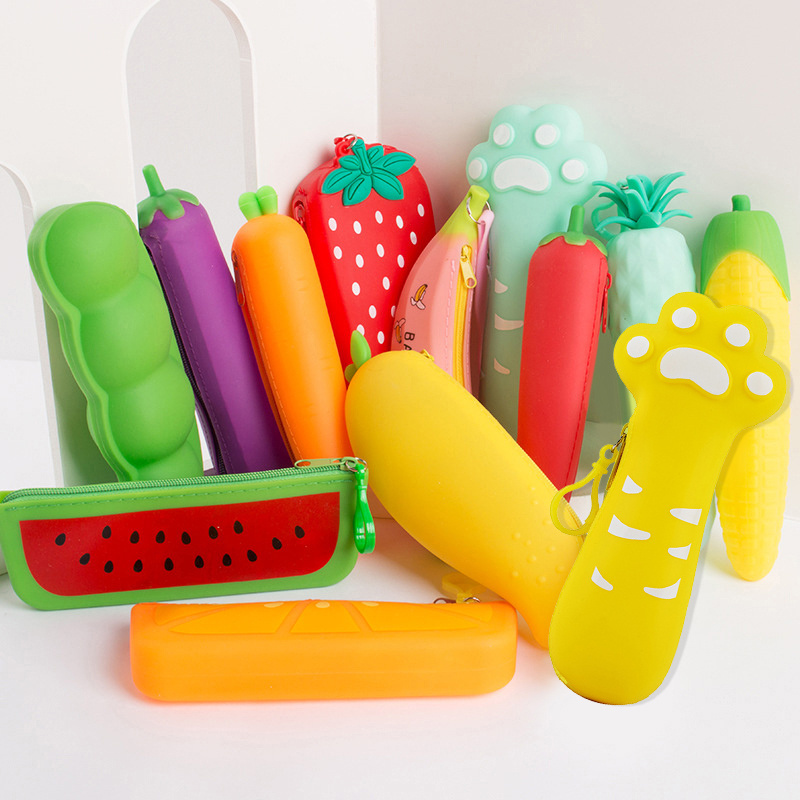 Custom School Personalized Vegetables FruitColoured For Girl Students Kawaii Silicone Cute Kids Box Pouch Pencil Case