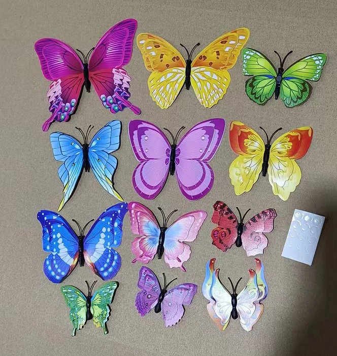 12pcs/Bag 3D  Butterfly Sticker Double Layer Colorful Butterfly Wall Sticker Creative Home Refrigerator Decoration Sticker