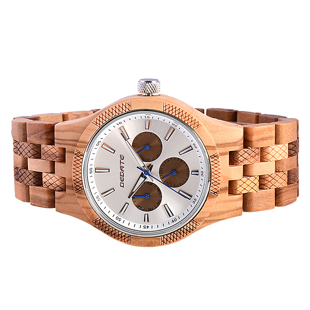 New timepiece chronograph wood men wrist watch olive wood watch with water resistant movement