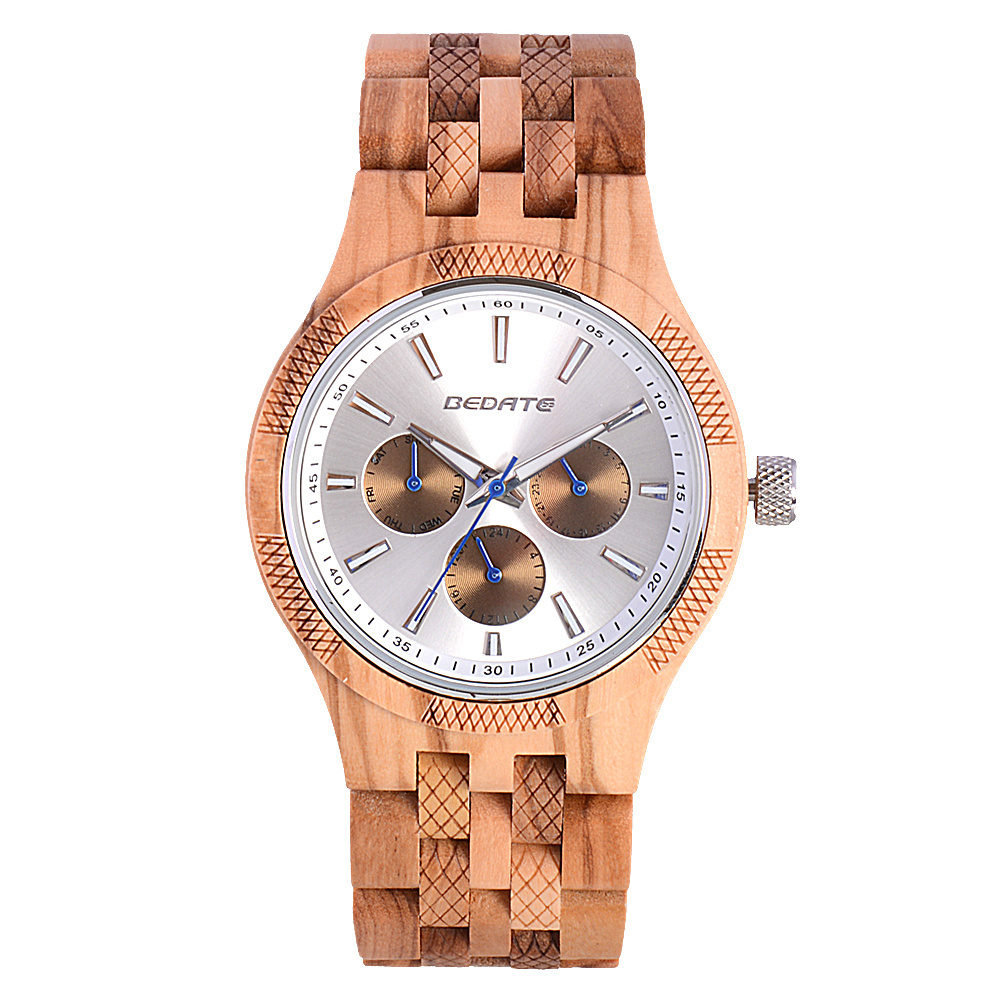 New timepiece chronograph wood men wrist watch olive wood watch with water resistant movement