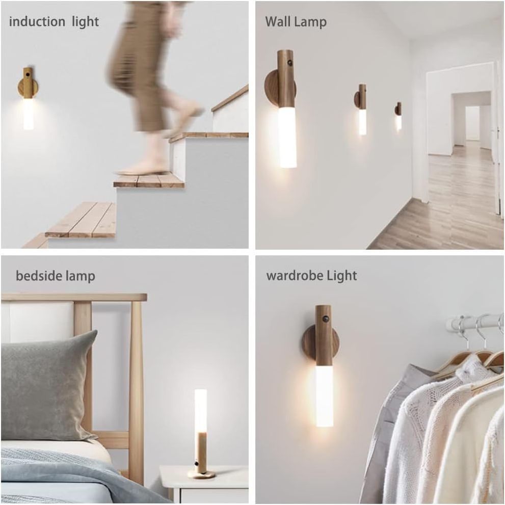 Inductive PIR Portable Wireless Magnetic Smart Wall Staircase Lamp USB Rechargeable Wood Led Motion Sensor Night Light