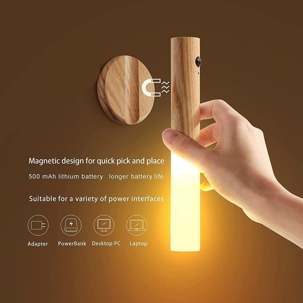 Inductive PIR Portable Wireless Magnetic Smart Wall Staircase Lamp USB Rechargeable Wood Led Motion Sensor Night Light