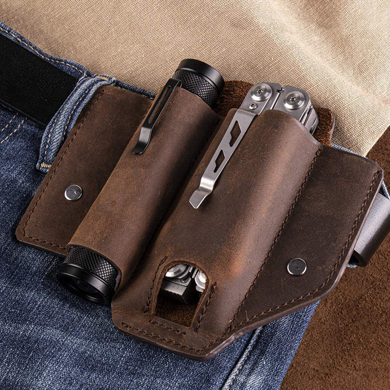 Genuine Leather Multi tool Sheath EDC Pocket Organizer with Clip for Belt and Outdoor Flashlight Sheath Pouch for Man