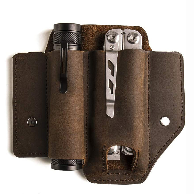 Genuine Leather Multi tool Sheath EDC Pocket Organizer with Clip for Belt and Outdoor Flashlight Sheath Pouch for Man