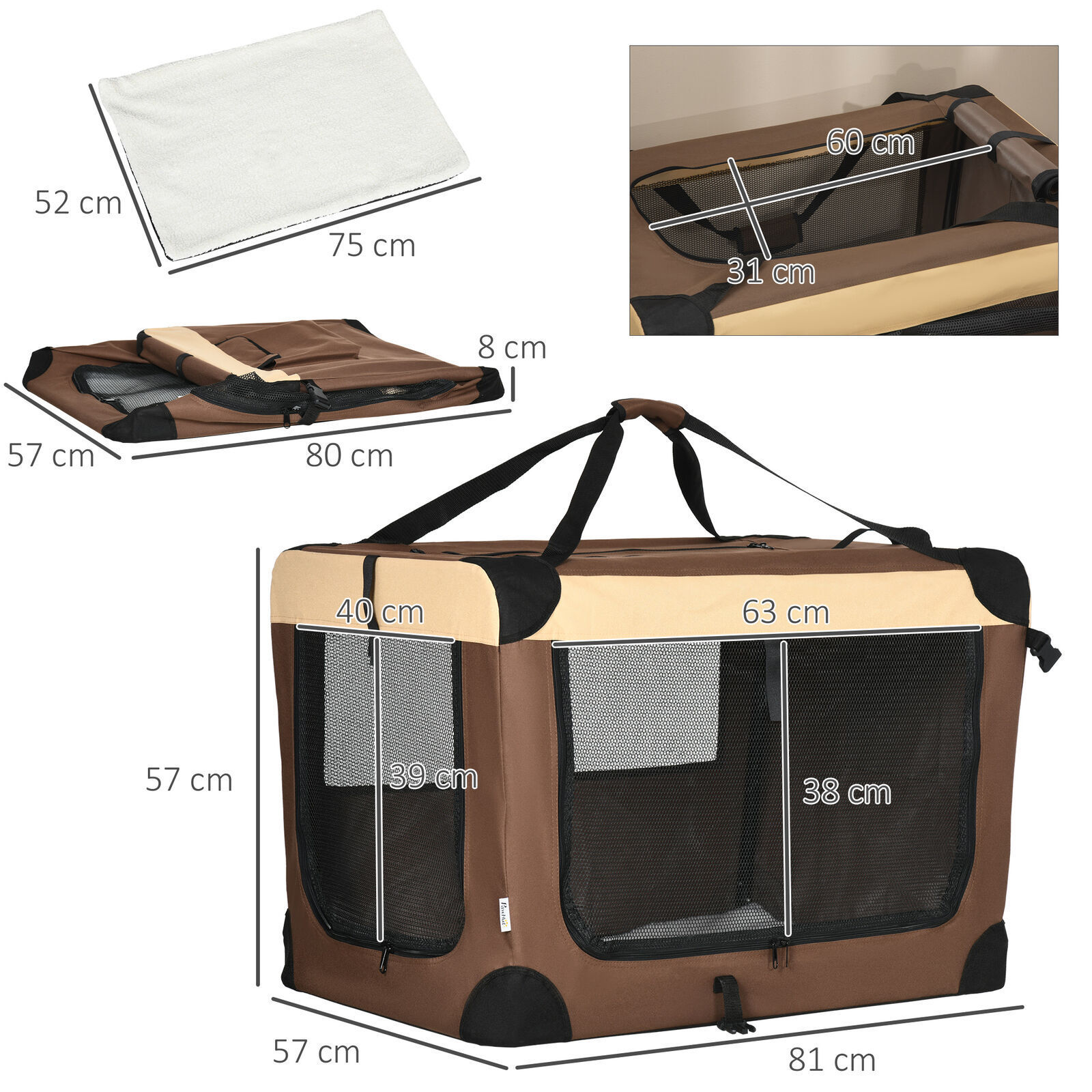 Foldable Pet Carrier Bag Soft Travel Dog Crate for Medium Dogs Brown