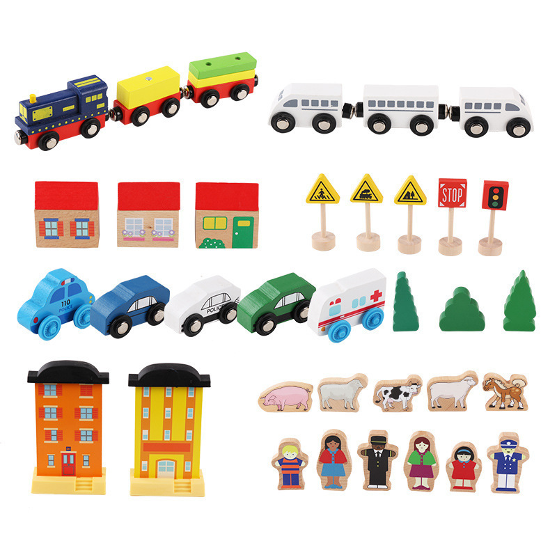 2023 Wholesale hot sale 75PCS wooden train track set toys Customized classic wood toy trains for children