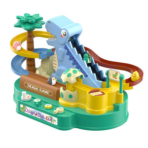 Chengji plastic dinosaur adventure game racing slot toy electric musical stair climbing toy slide track