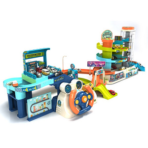 Kid DIY assemble multifunction urban rail transit steering wheel toys car driving simulation car track city slot parking lot toy