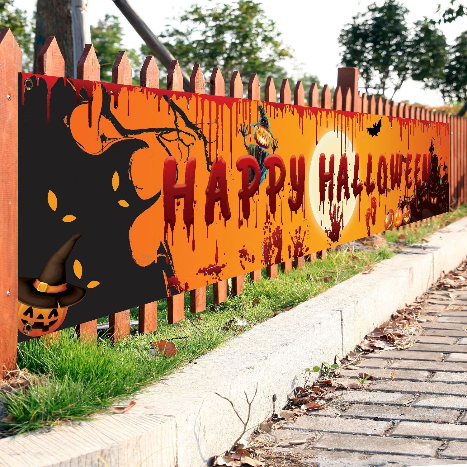 250x48cm Latest Happy Halloween Bloody Bat Pumpkin Ghost Print Party Backdrop Hanging Banner Halloween Decor