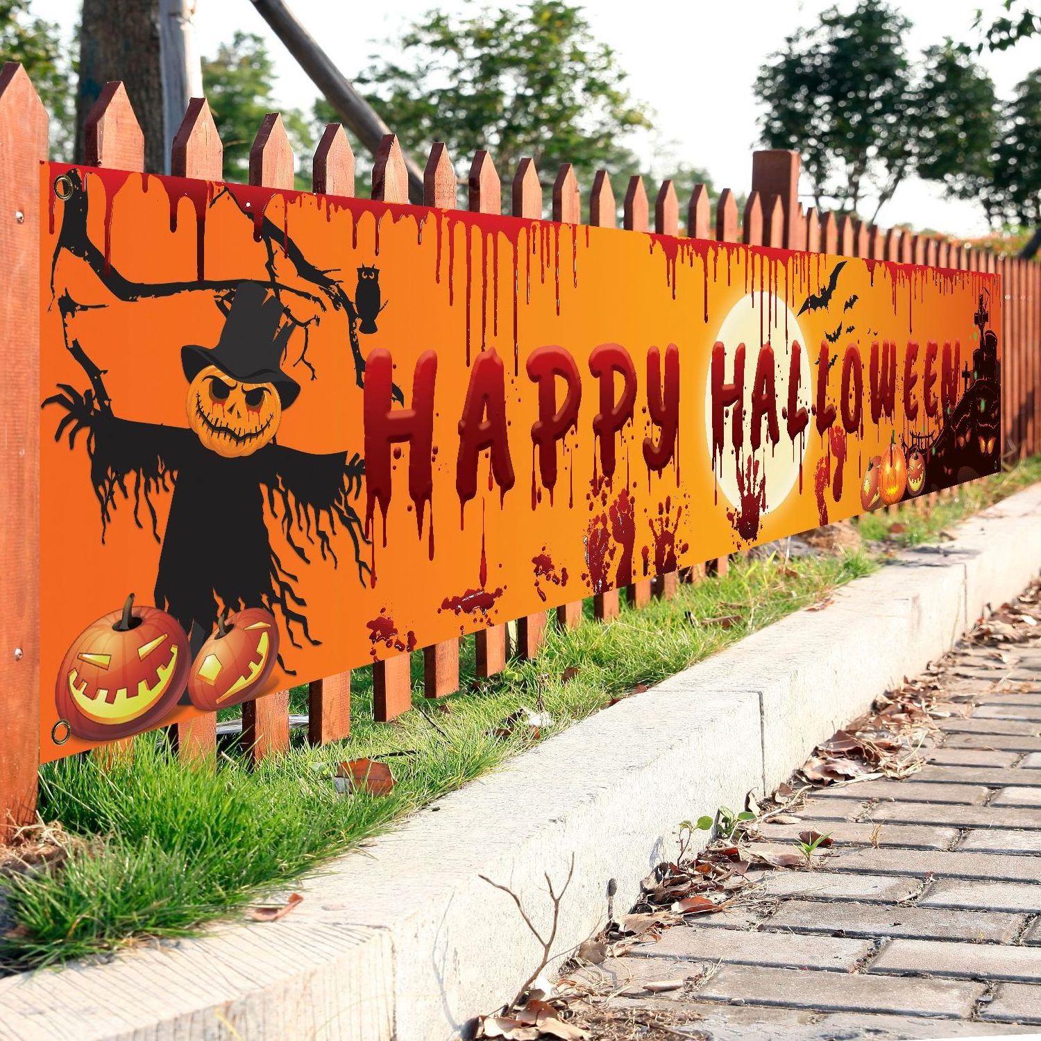 250x48cm Latest Happy Halloween Bloody Bat Pumpkin Ghost Print Party Backdrop Hanging Banner Halloween Decor