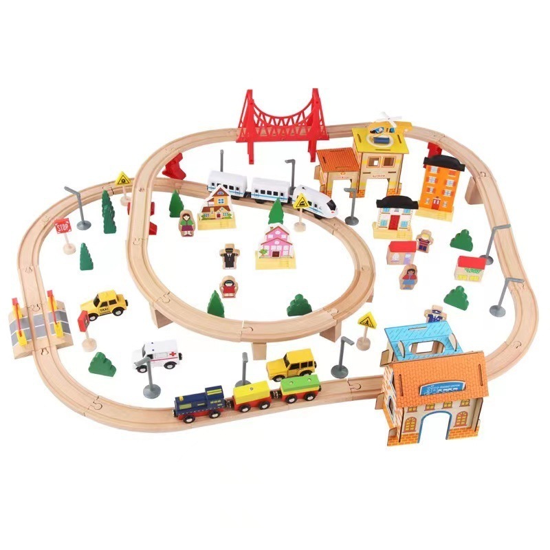 2023 Wholesale hot sale 75PCS wooden train track set toys Customized classic wood toy trains for children