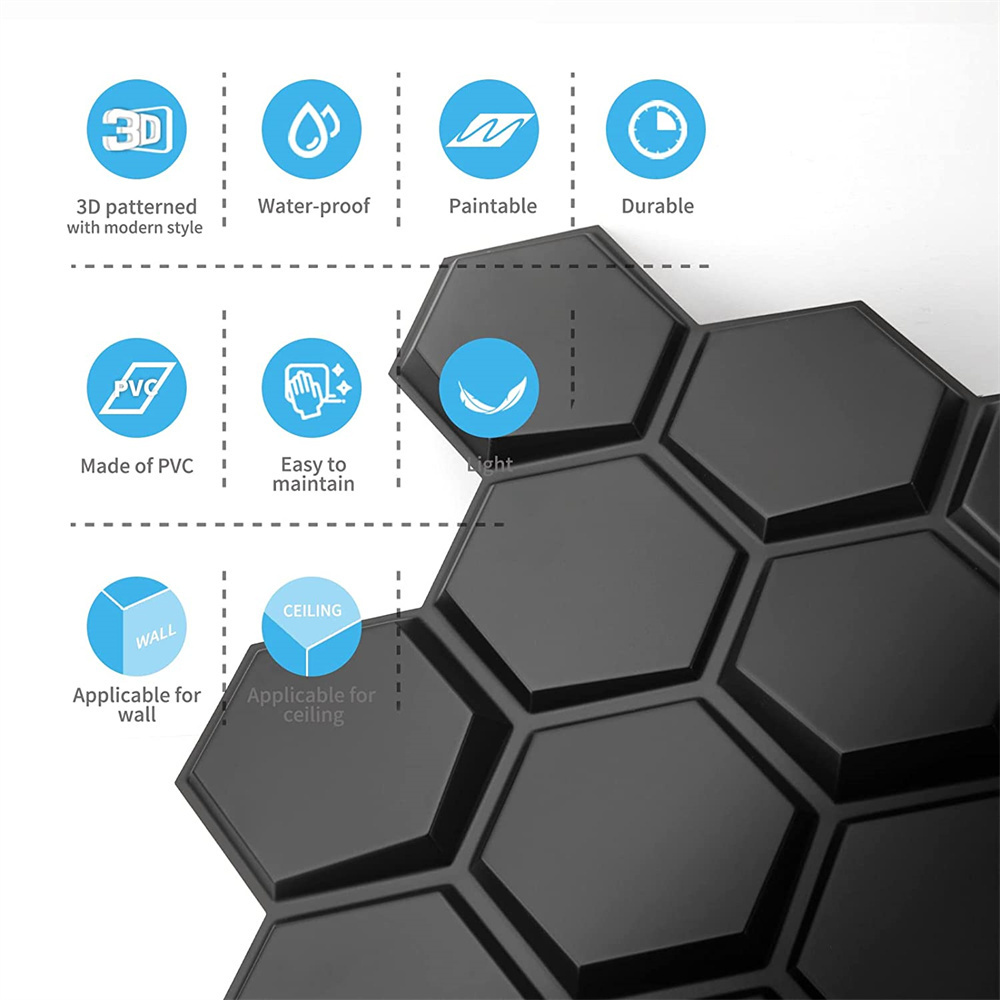 Art 3d Textures 3D Wall Panels Black Hexagon Design Pack of 12 Tiles indoor decoration self adhesive diy wall panel