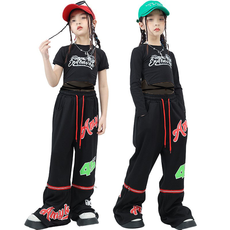 Children's Jazz Dance Performance Clothing Girl Short Top Black Retro Flare Pants Hip Hop Set Girl Clothing Teen Girls Clothes