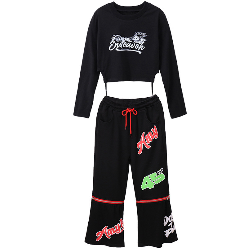 Children's Jazz Dance Performance Clothing Girl Short Top Black Retro Flare Pants Hip Hop Set Girl Clothing Teen Girls Clothes