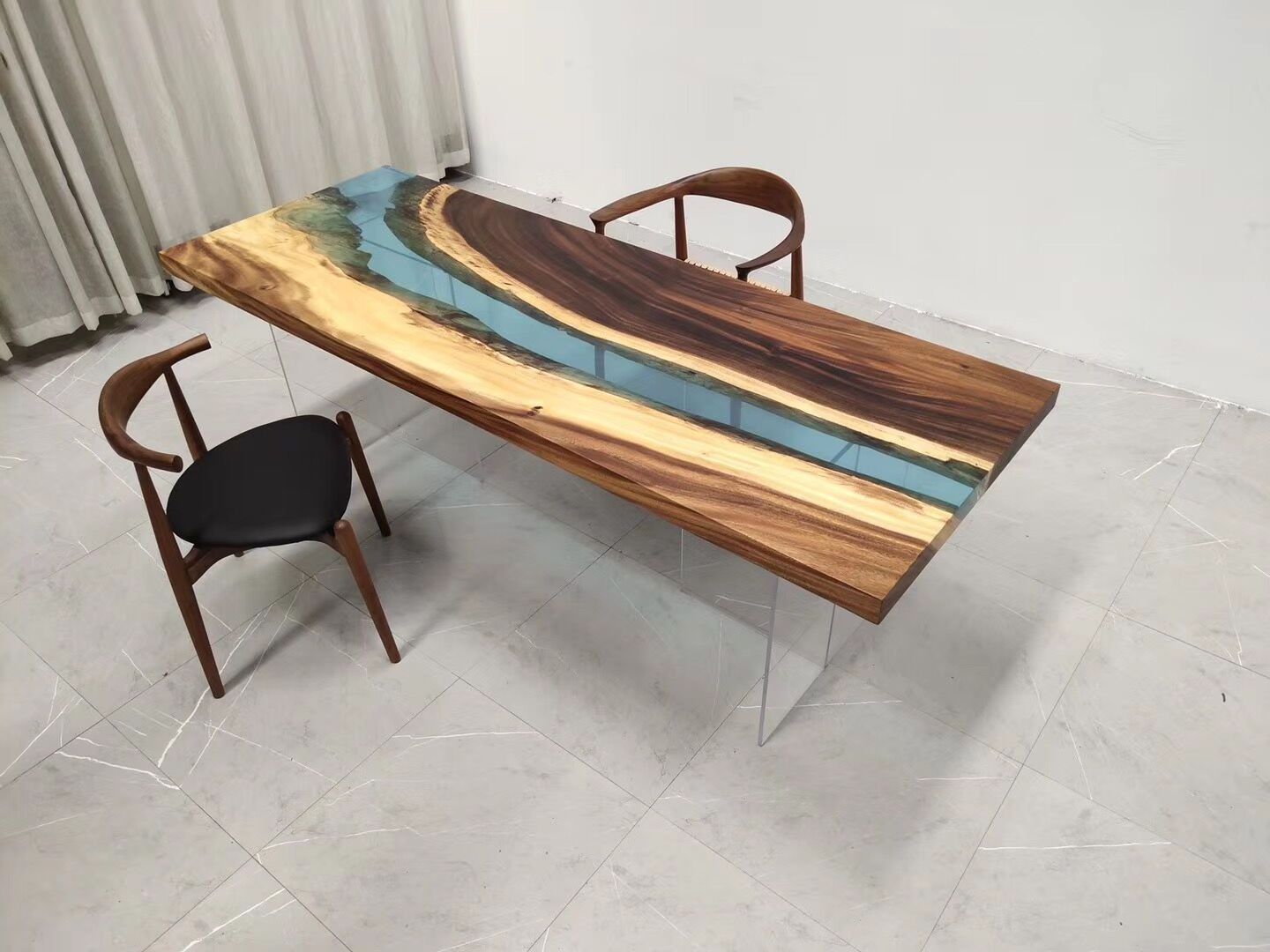 Epoxy resin solid wood river dining table top restaurant walnut wood custom made river resin table