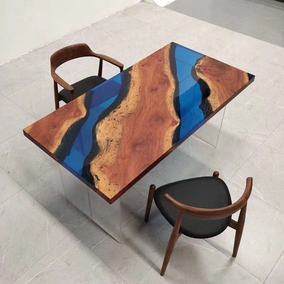 Epoxy resin solid wood river dining table top restaurant walnut wood custom made river resin table