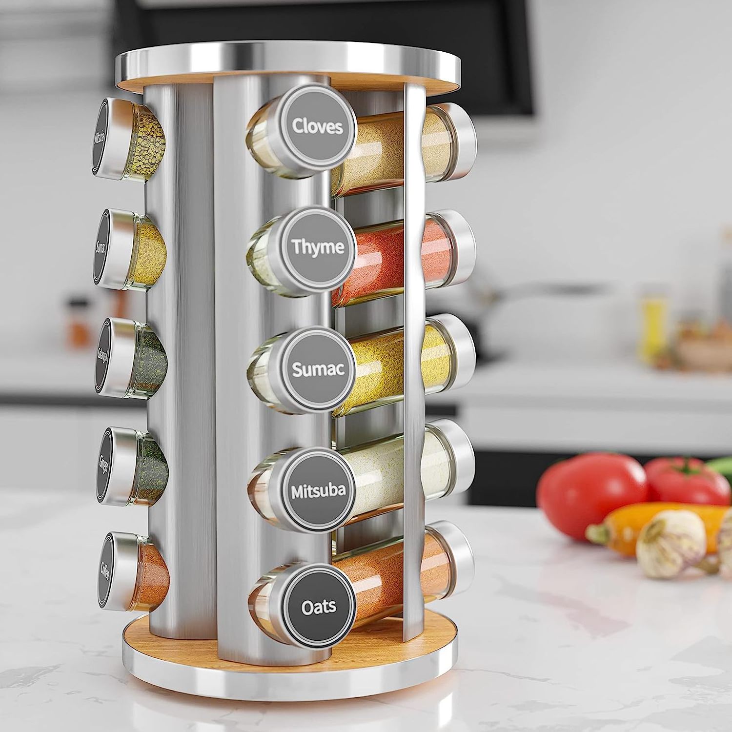 Revolving Spice Rack Set with 20 Spice Jars Kitchen Spice Tower Organizer for Countertop or Cabinet