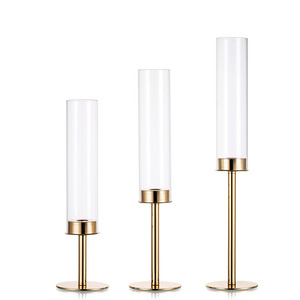 Gold Candlestick Holder Tall Hurricane Taper  Candle Holder Set of 3 Glass Cover Candlesticks Holder