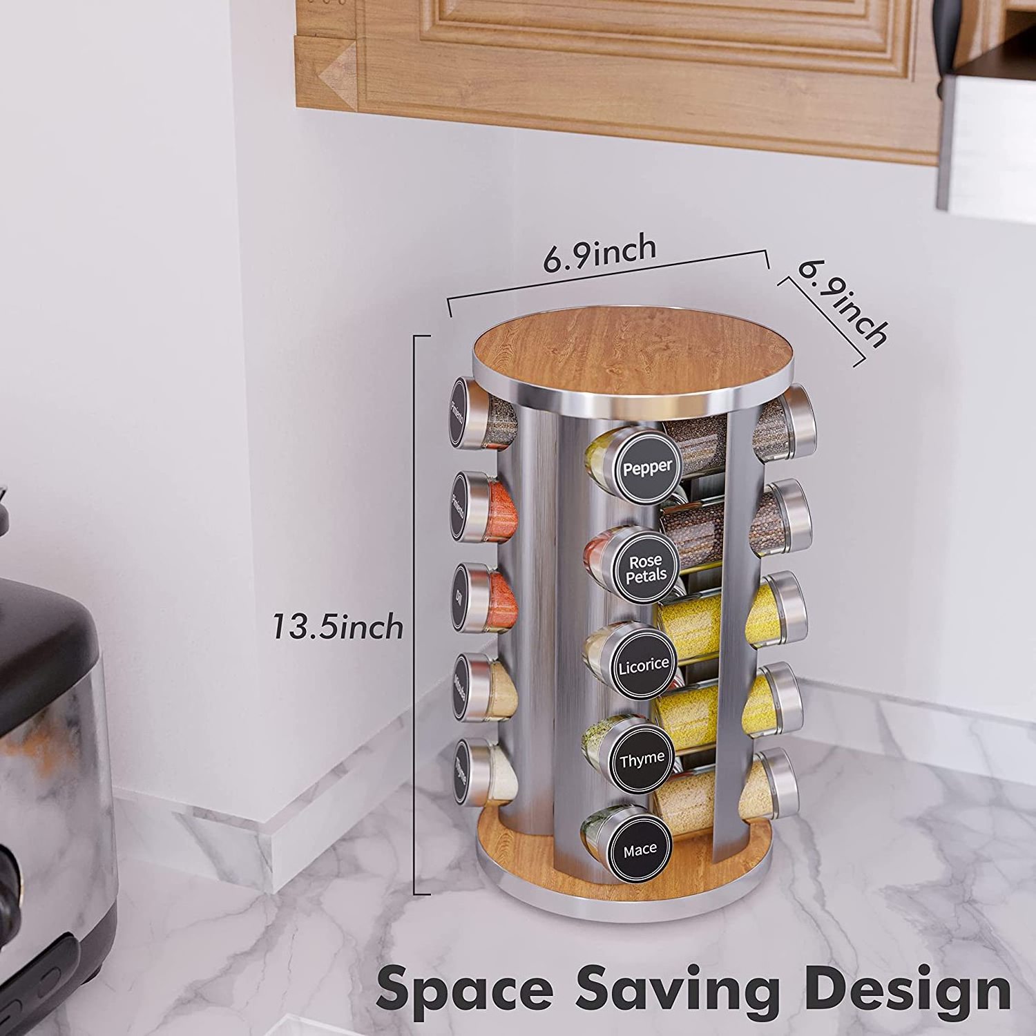 Revolving Spice Rack Set with 20 Spice Jars Kitchen Spice Tower Organizer for Countertop or Cabinet