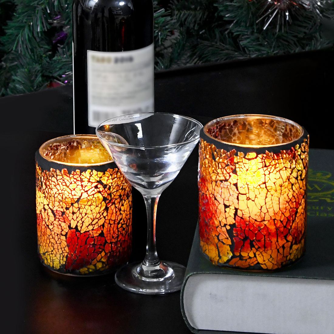 Colorful Light Mosaic Glass Surface Electric Led Pillar Candles