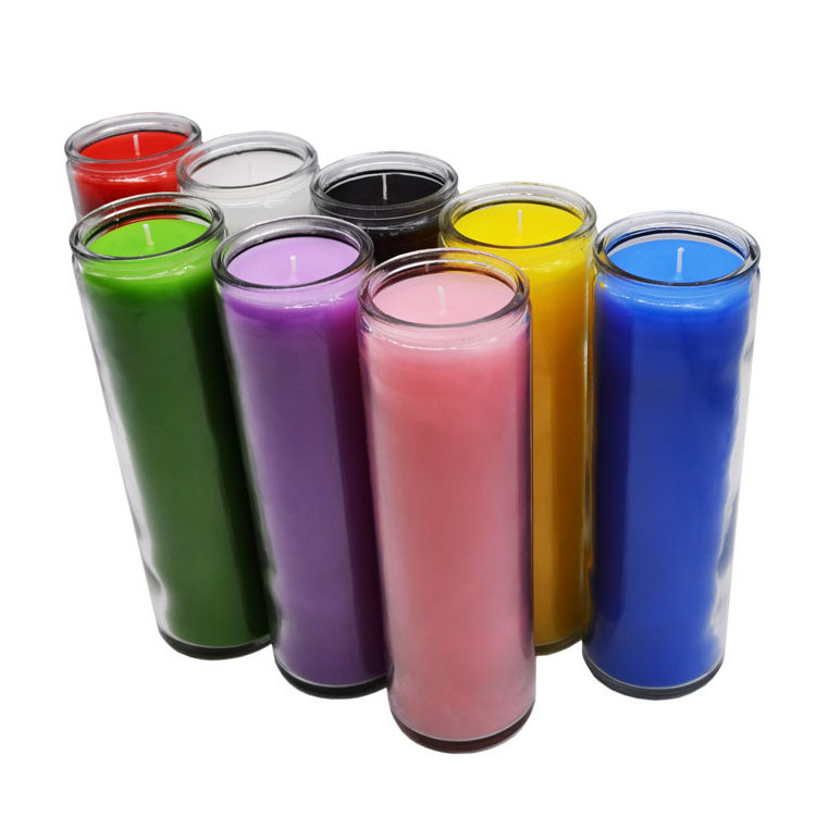 stock 7 days burning time church candle/8 inches religious candle/multi color church prayer candle in glass bottle wholesale