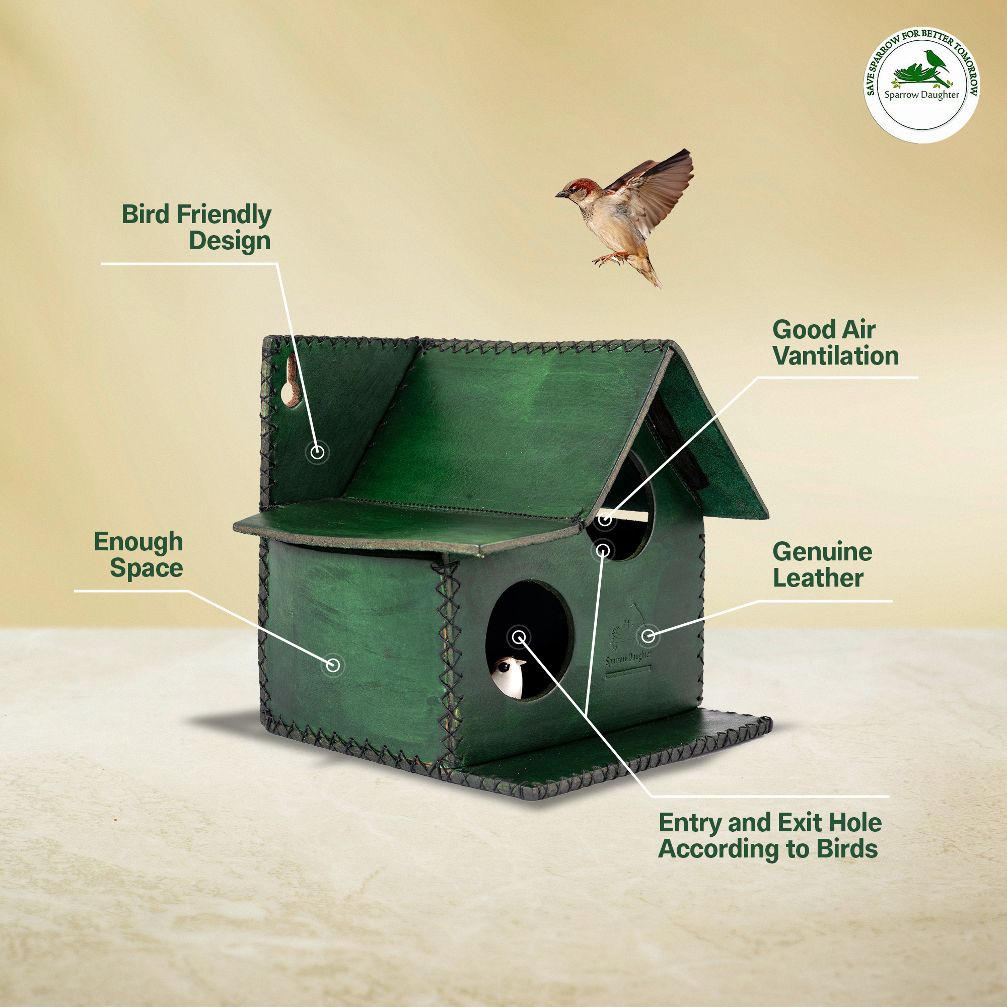 Leather Birdhouse with Multiple Entry and Exit Points, Colourful Nest Suitable for Sparrows House, Lovebirds, green