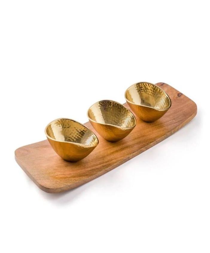 New Arrival Rectangle Tray 3 Serving Bowls black walnut Wooden Tray Dish Serving Tray with 3 metal bowls