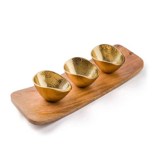 New Arrival Rectangle Tray 3 Serving Bowls black walnut Wooden Tray Dish Serving Tray with 3 metal bowls