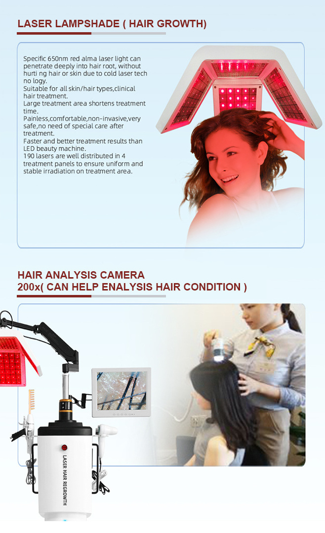 Vertical Hair Growth Machine 650nm Diode Laser Medical Soft Laser Hair Analysis Camera+Ozone Comb+Oxygen Jet Spray Gun+Brush