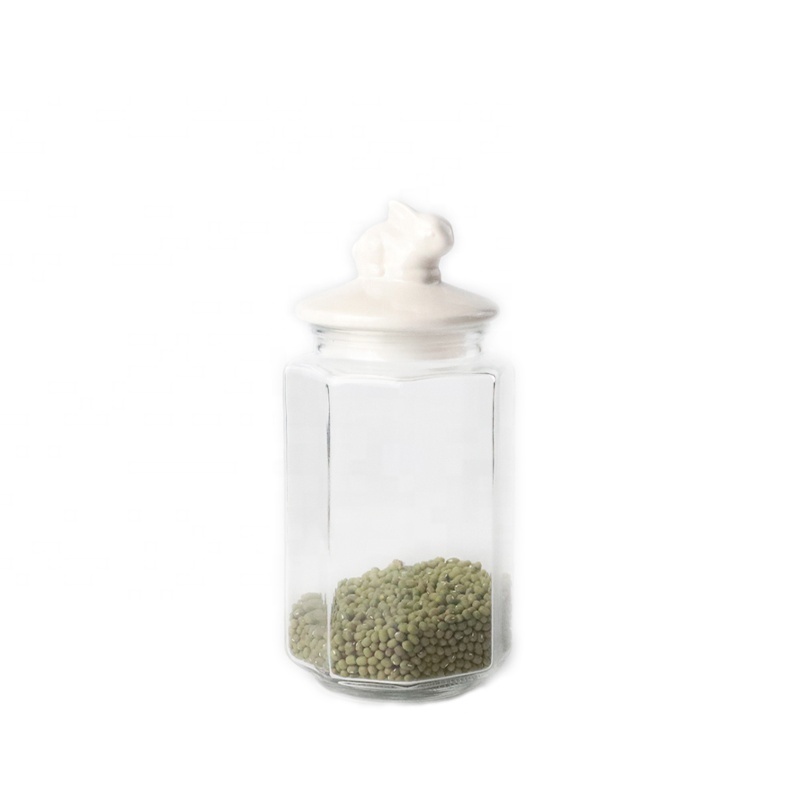 wholesale price different sizes glass candy jars with animal shape ceramic lid