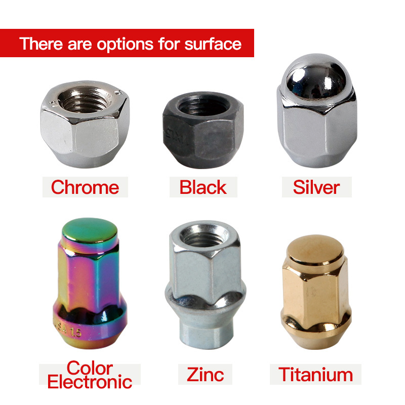 Custom Open End Conical Seat Forged Carbon Steel Alloy Metal Black Silver Titanium Automotive Car Wheel Hub Lug Nut Set