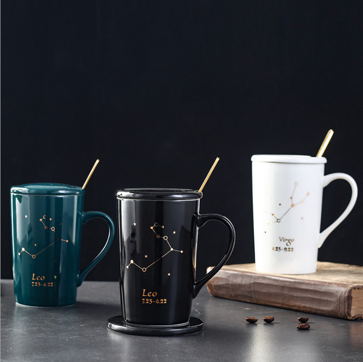 Constellations porcelain Coffee Milk Tea Mugs Lovers 12 styles Ceramic Constellation star water Mug with lid handle spoon