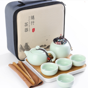 Portable ceramic travel Kung Fu storage bag gifts 4 cups two pots tray sets tea cup pot set with teapot