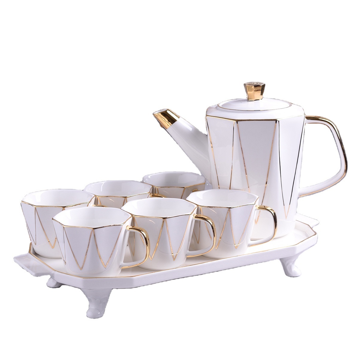 Luxury 8pcs Porcelain Coffee Tea Set Gold Decor Ceramic Tea Pot And Cup Set