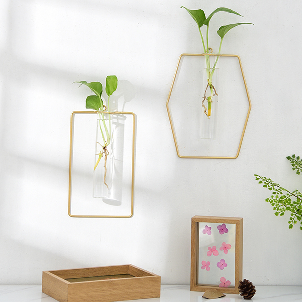 Nordic glass test tube hydroponic vase wall decoration green plant wrought iron hanging vases wall hanging decoration