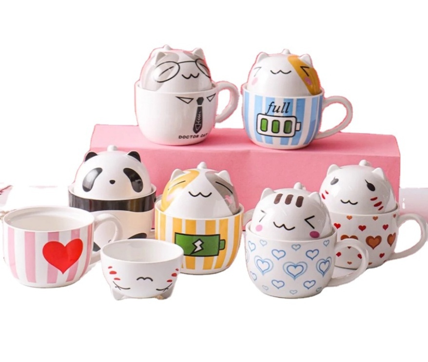 Cartoon Cute 3D Mugs Large Milk handle coffee tea mug stoneware cat mug ceramic with dessert lid