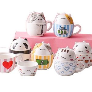 Cartoon Cute 3D Mugs Large Milk handle coffee tea mug stoneware cat mug ceramic with dessert lid