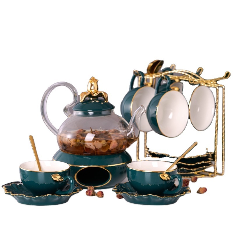 Full Drinkware Afternoon Tea Time Glass Teapot Elegant Coffee Tea Cup Set Royal Modern Ceramic Tea Set With Metal Holder