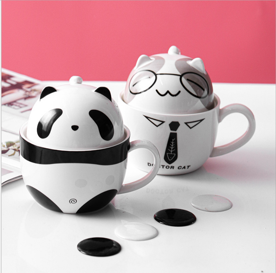 Cartoon Cute 3D Mugs Large Milk handle coffee tea mug stoneware cat mug ceramic with dessert lid