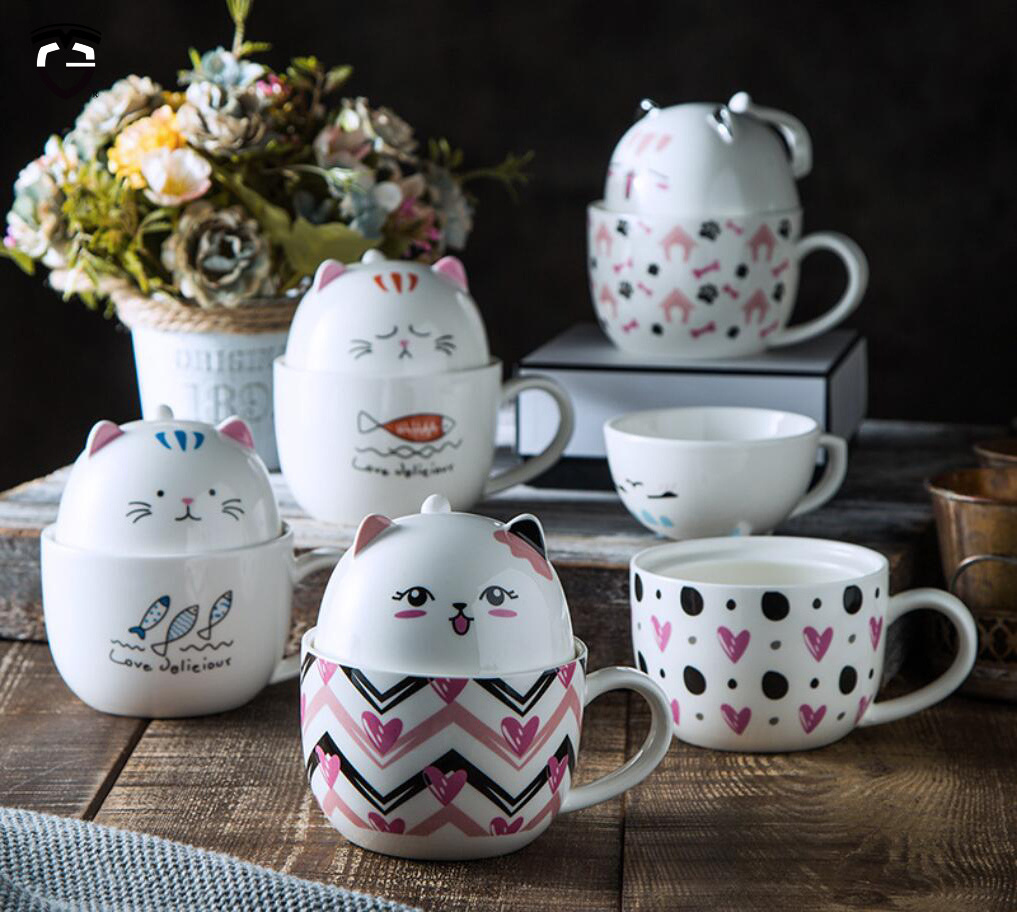 Cartoon Cute 3D Mugs Large Milk handle coffee tea mug stoneware cat mug ceramic with dessert lid