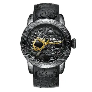 BIDEN 0129 Brand Name Chinese Mens Quartz Watch Original Silicone Strap Dragon Big Vintage Casual Wrist Watch For Boys